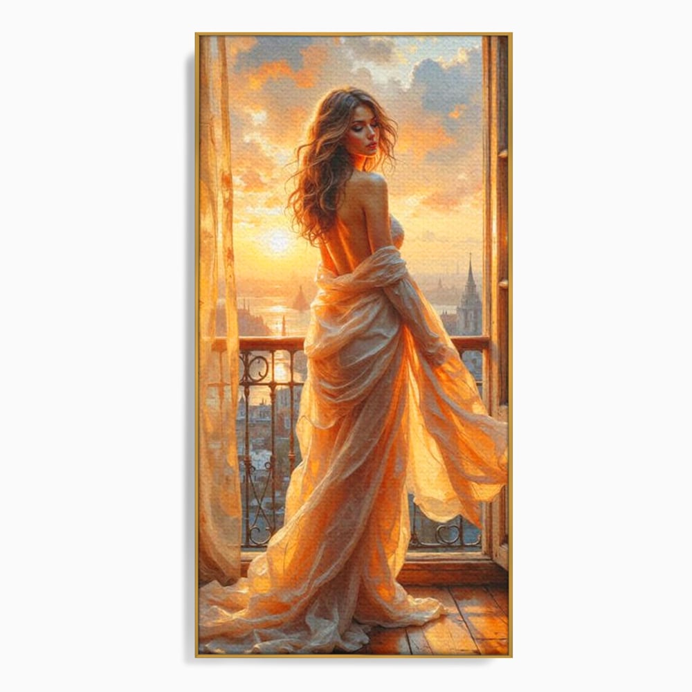 Tablou canvas cu tablou canvas cu femeie la fereastra, in rama de aluminiu auriu
